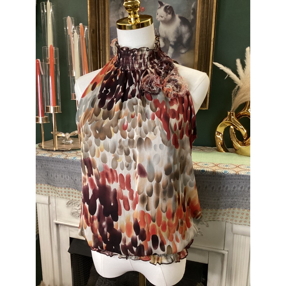 IZ Byer Women‎ Large Abstract Smocked Halter Top 3D Floral Rosette Blouse